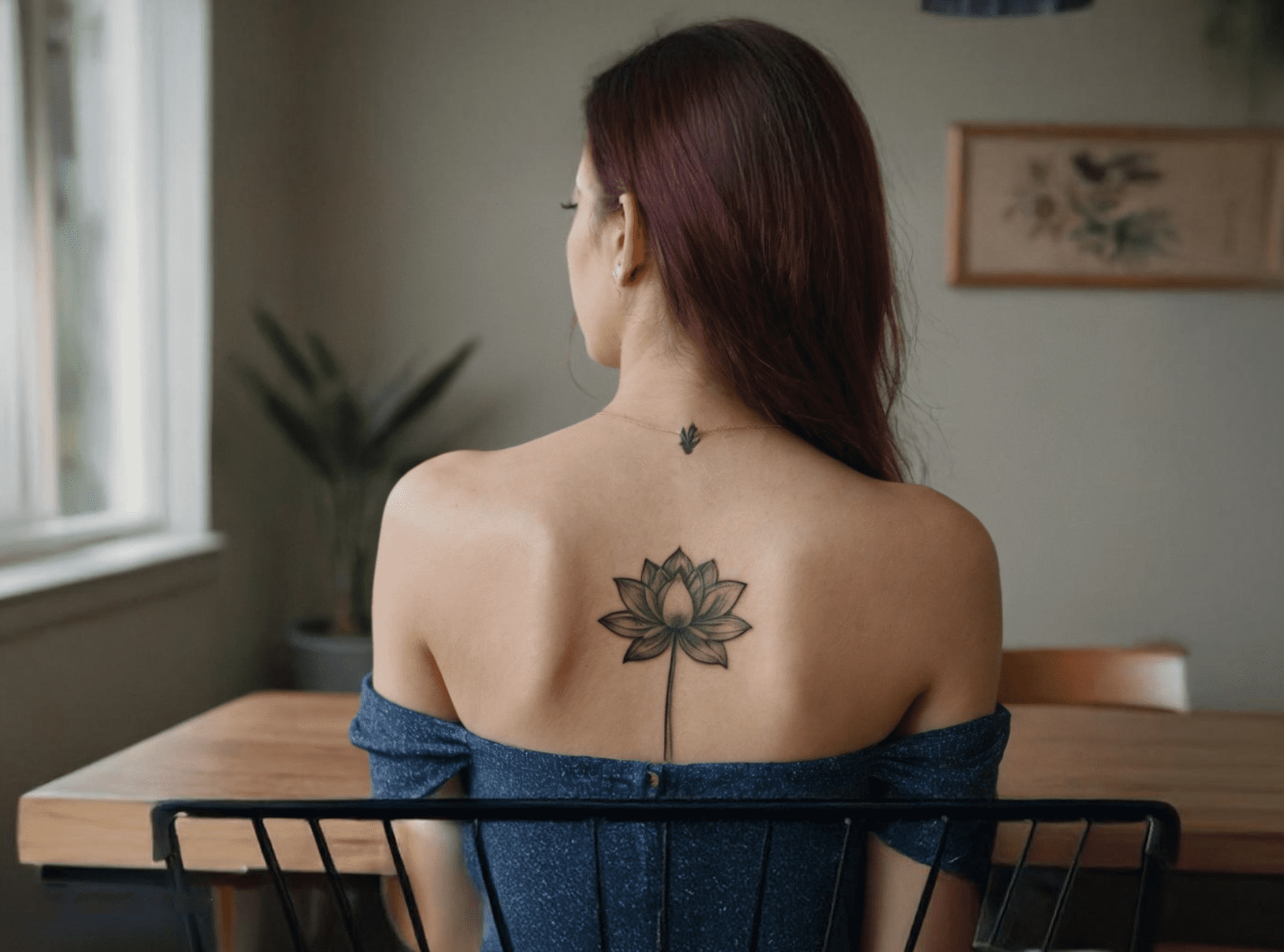 Back view of a woman with long dark hair wearing an off-the-shoulder blue dress, showcasing a large lotus flower tattoo centered on her upper back. She sits in a chair facing away in a softly lit room with minimal decor